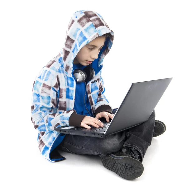 Boy Laptop White Background — Stock Photo, Image