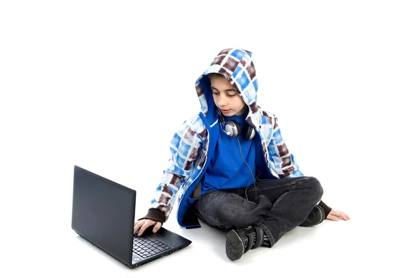 Boy Laptop White Background — Stock Photo, Image