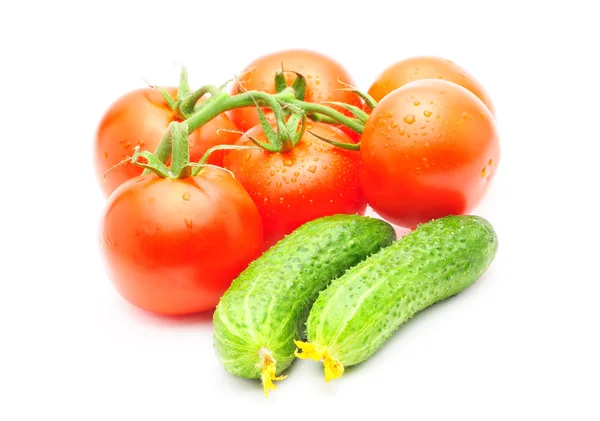 stock image Branch of tomatoes and cucumbers isolated over white