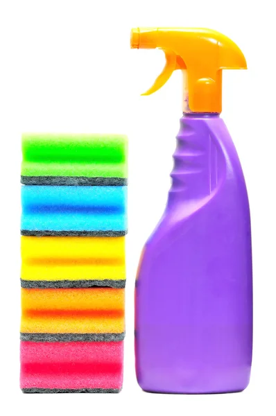 Washing liquid and sponges tower — Stock Photo, Image