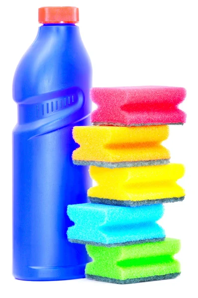 Flacon of washing liquid and sponges — Stock Photo, Image