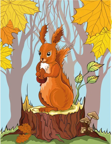 Esquilo com bolota na floresta de outono —  Vetores de Stock