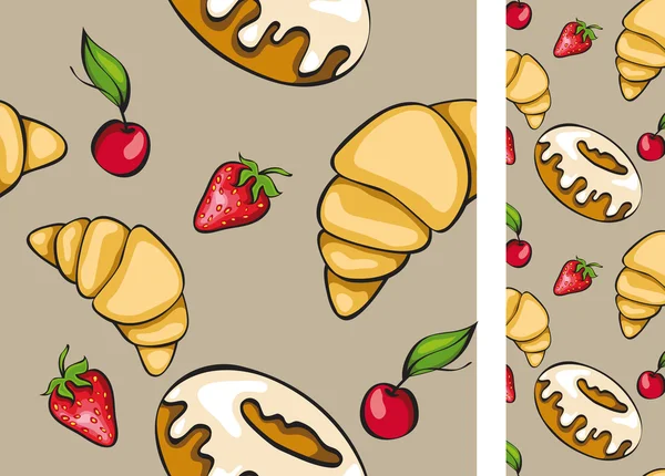 Безшовний фон з круасанами, пончиками та ягодами — стоковий вектор