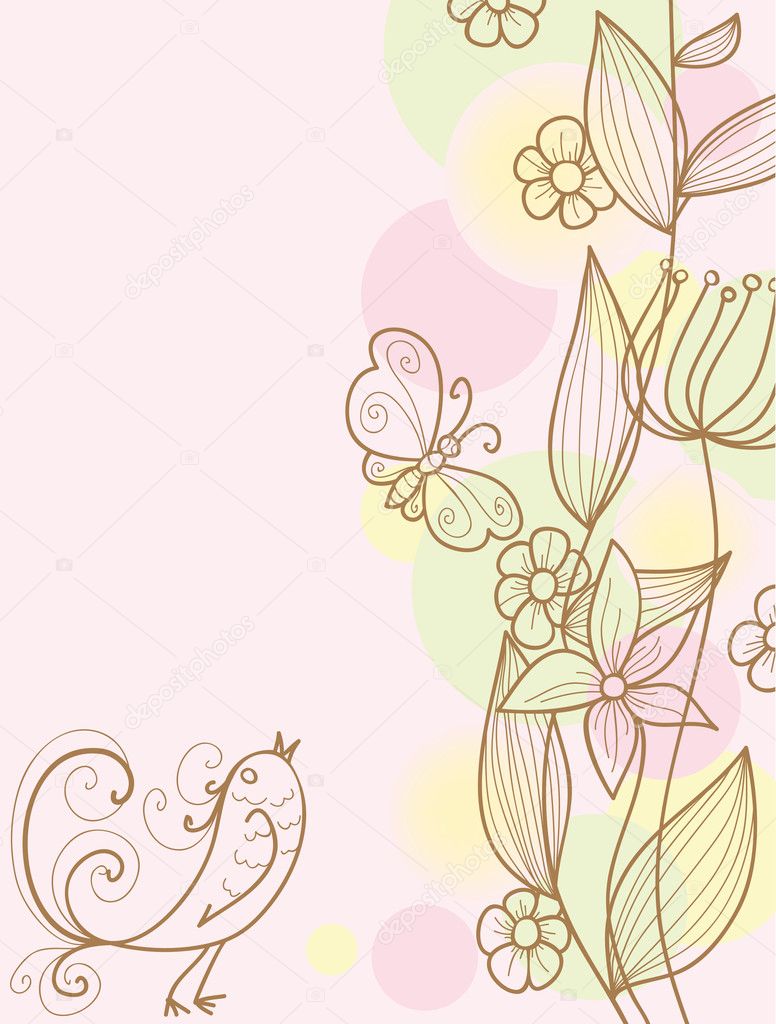 Floral background with bird, butterfly and plants