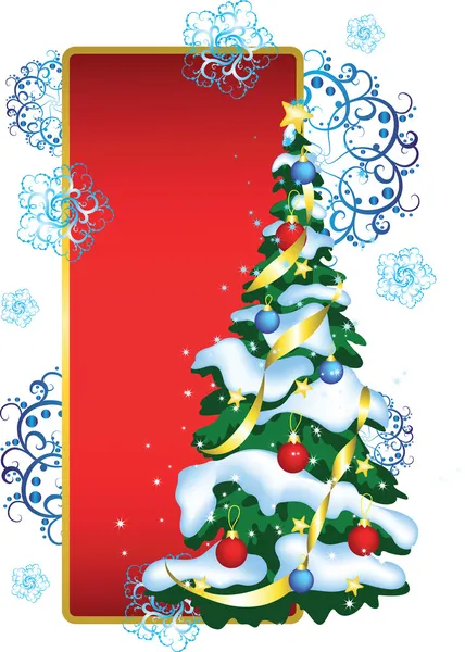Tarjeta de felicitación con árbol de Navidad sobre fondo rojo — Vector de stock