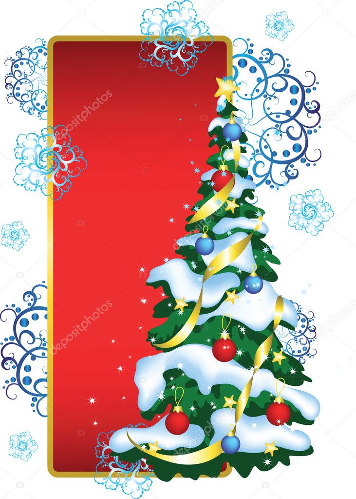 Greeting card with Christmas tree on red background