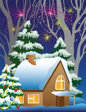 House in the woods in New Year clipart