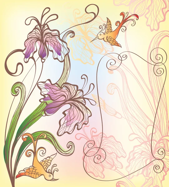 Φόντο με φαντασία διακοσμητικά λουλούδια και πουλί — Διανυσματικό Αρχείο