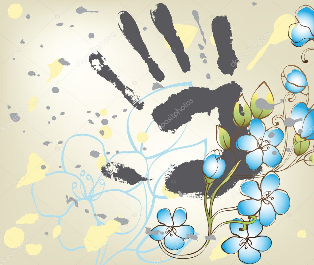 Background with decorative fantasy flowers and hand