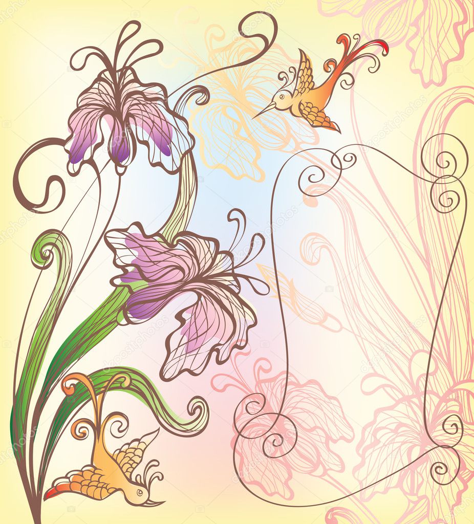 Background with decorative fantasy flowers and bird