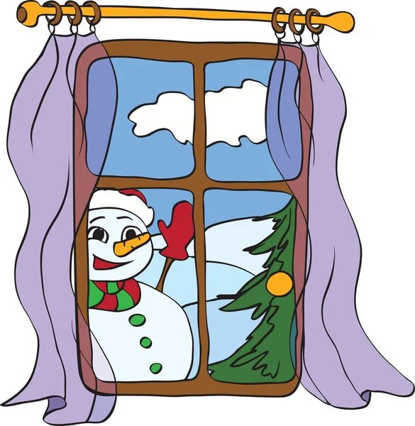 Boneco de neve espreita para dentro da casa da janela — Vetor de Stock