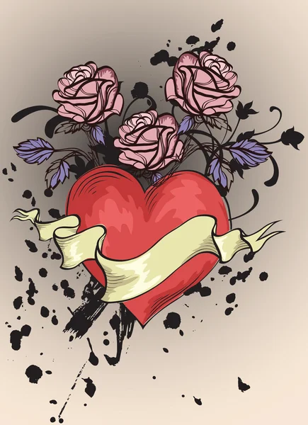 Rotes Herz, Banner und Rosen — Stockvektor