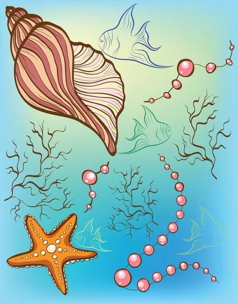 Fondo marino con pesci, perle e conchiglie — Vettoriale Stock