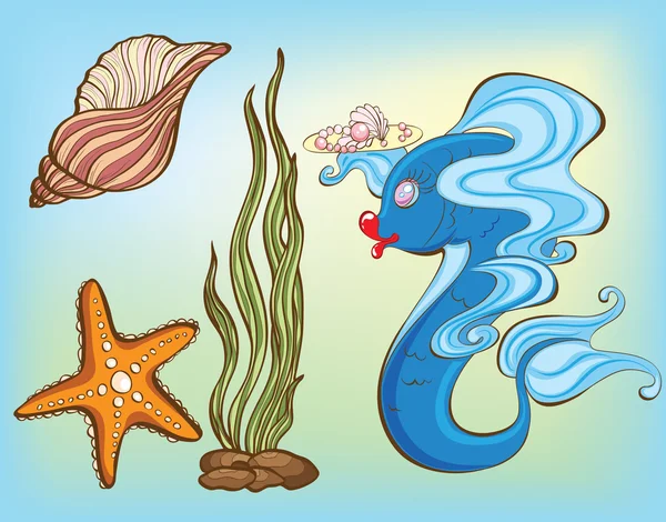 Deniz hayvanları ve bitkileri — Stok Vektör