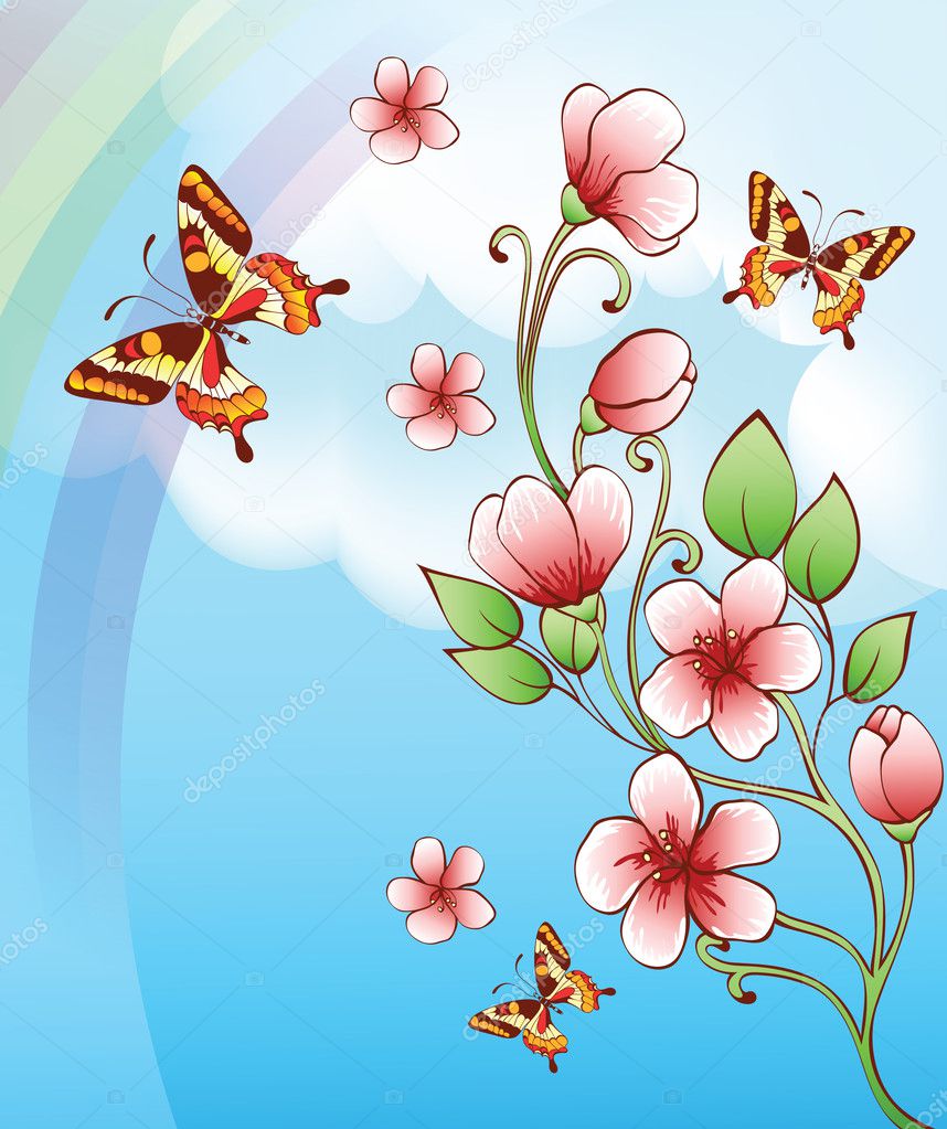 Sky background with butterflies and flowers