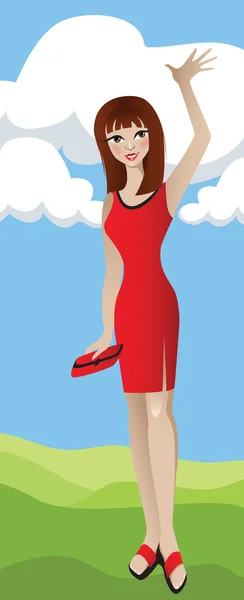 Menina em vestido vermelho na grama — Vetor de Stock