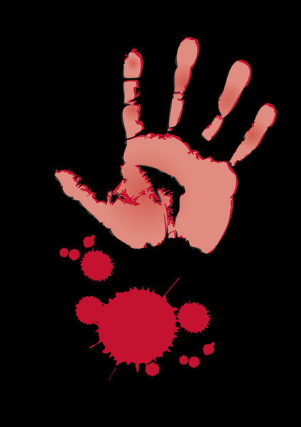 Иллюстрация кровавого отпечатка руки с брызгами крови на черном фоне
.