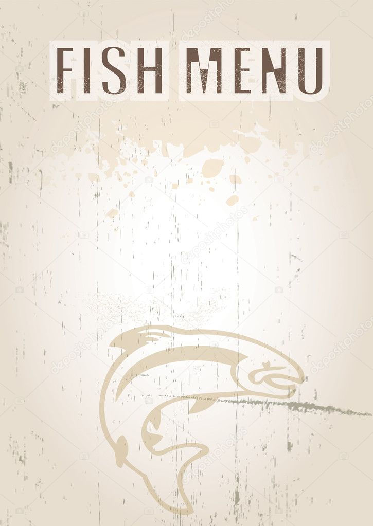 A portrait format image of a menu cover or menu board with text spelling spelling fish menu Set on a grunge styled background. Ideal use for a restaurant, cafe