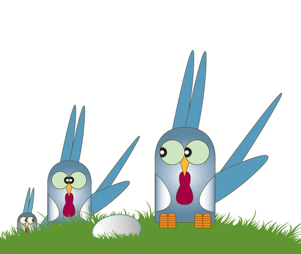 三个程式化异国情调看鸟在绿草丘上设置的卡通插图 在孤立的白色背景上设置 一只鸟在 中奠定了一个鸡蛋 — 图库照片