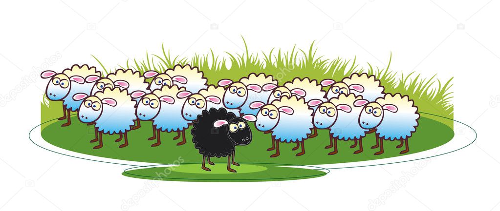 A cartoon illustration of a flock of white coated sheep with a single black sheep to the foreground. All set on a green grass base.