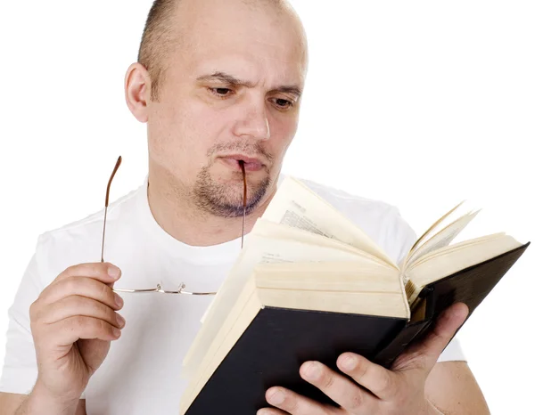 Ember Olvassa Bibliát Egy Fehér Háttér — Stock Fotó