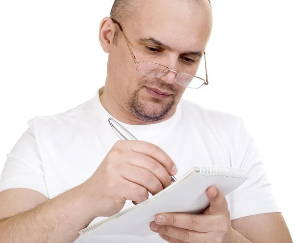 Man Writes Notebook White Background — Stock Photo, Image