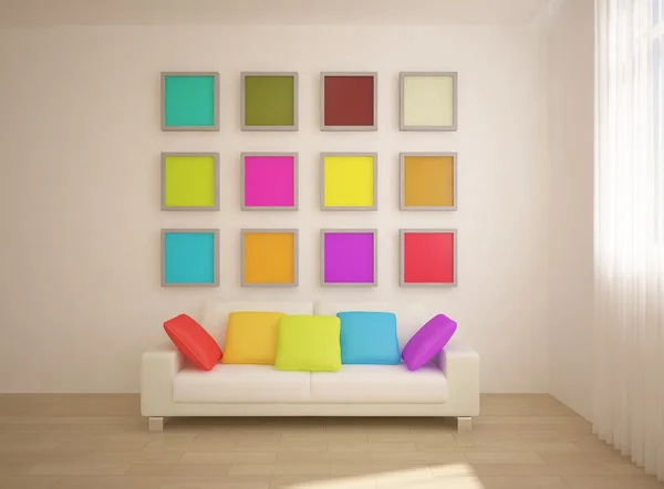 Chambre blanche avec des cadres colorés sur un mur — Photo