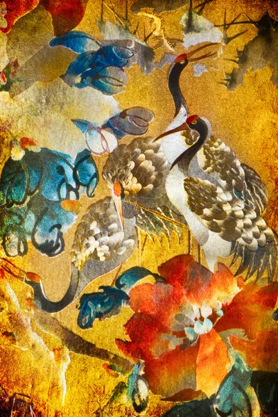 Crane illustration on gold background — Stock Photo, Image