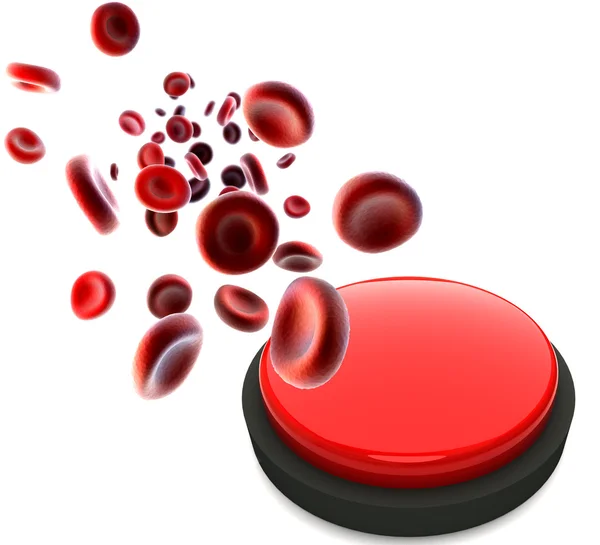 Streaming blood cells and red button — Stok fotoğraf