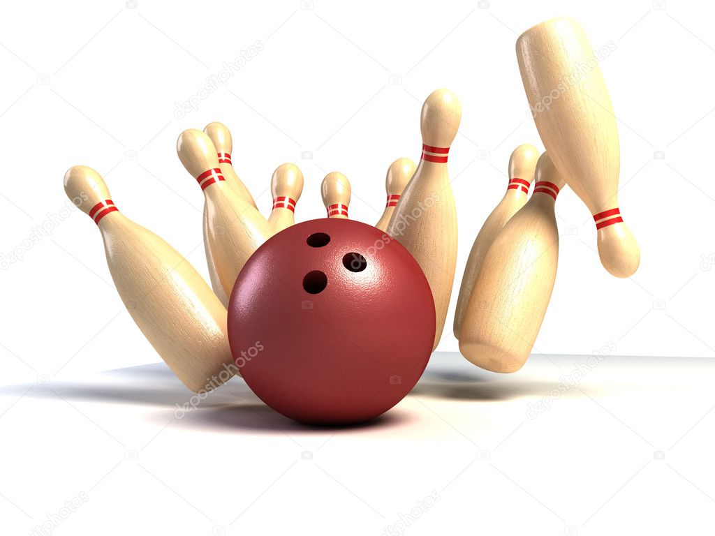 Skittles and ball on white background, bowling