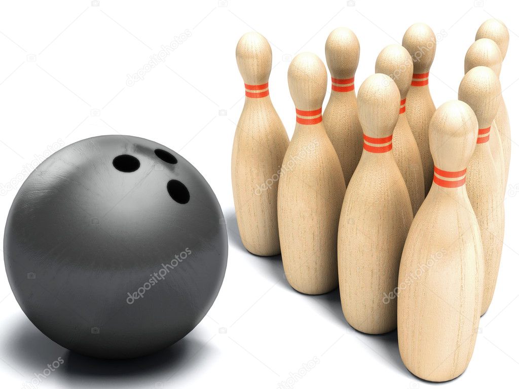 Skittles and black ball on white background, bowling