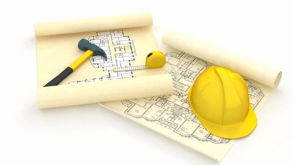 House blueprints and hard yellow had — Stock Photo, Image