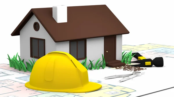 Dom, plany i żółty kapelusz twardy — Zdjęcie stockowe