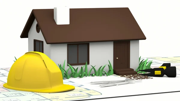 房子、 蓝图和黄色安全帽 — 图库照片