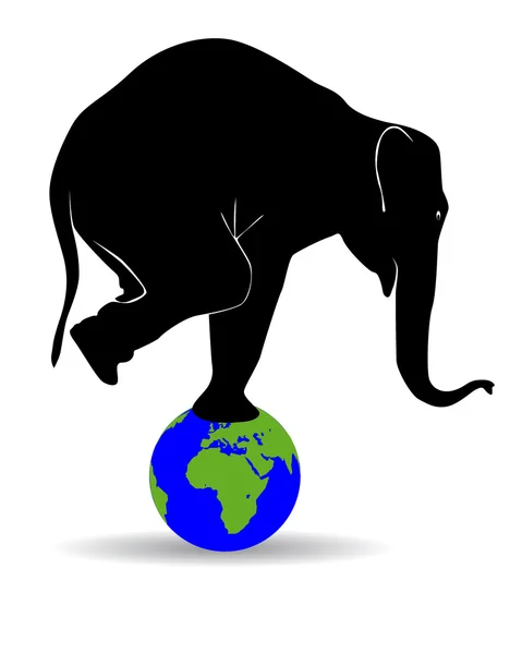 Silhouette nera di un elefante in piedi sul globo — Vettoriale Stock