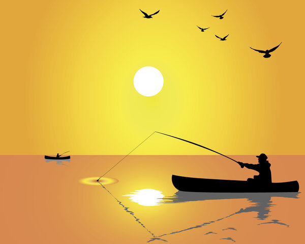 Silhouettes of fishermen from a boat