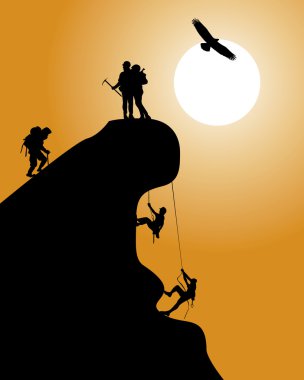 Silhouette of a rock with climbers clipart