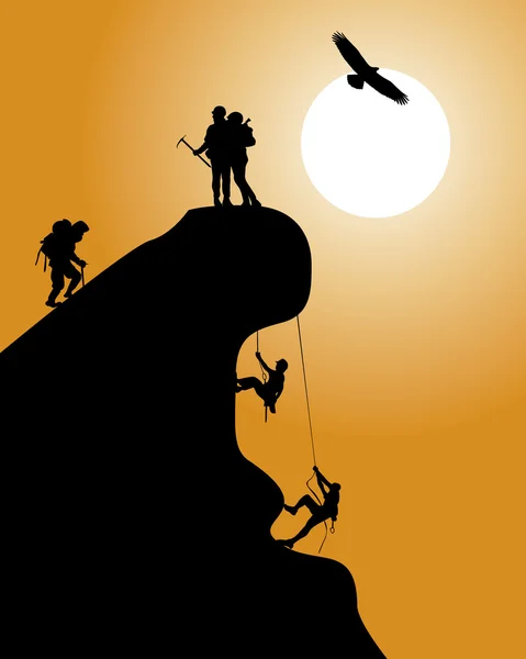 Silhouette d'un rocher avec grimpeurs — Image vectorielle