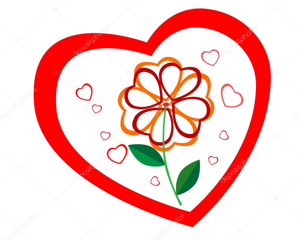 Contour of heart with a flower in the middle on a white background