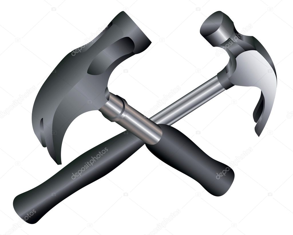 Two metal hammers with rubber handles on a white background