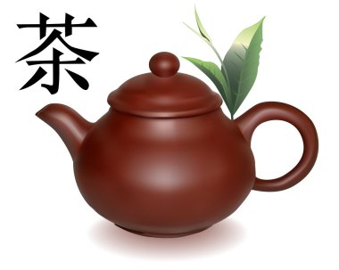 Clay brewing teapot with green sheets of tea on a white background clipart