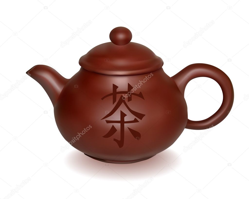 Clay brewing teapot with a hieroglyph on a white background