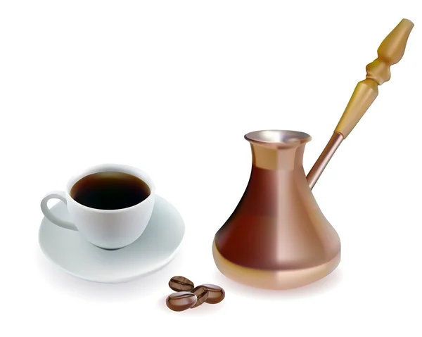 白い背景の上にコーヒーのカップと銅のトルコ人 — ストックベクタ