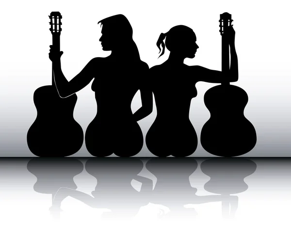 Gitar kızlarla Silhouettes — Stok Vektör