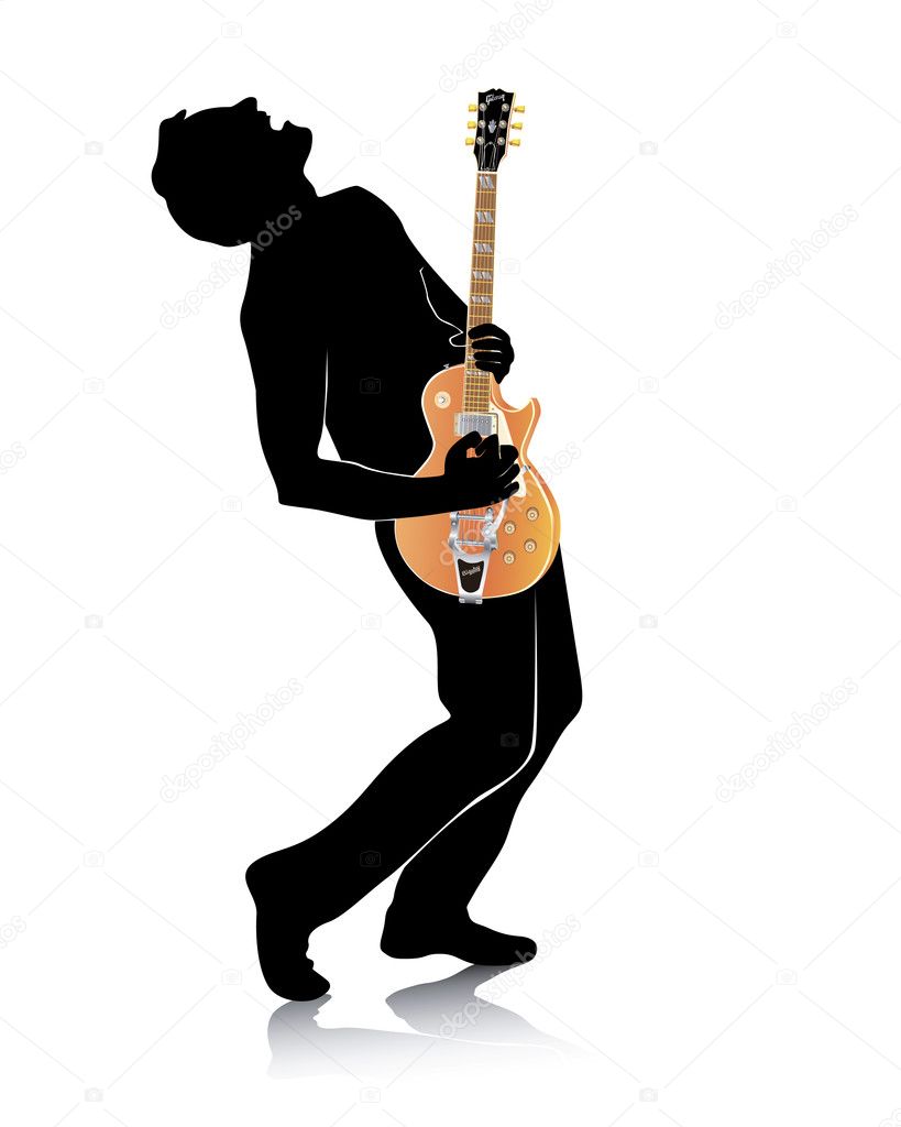 Silhouette of a guitar with an electric guitar on white background