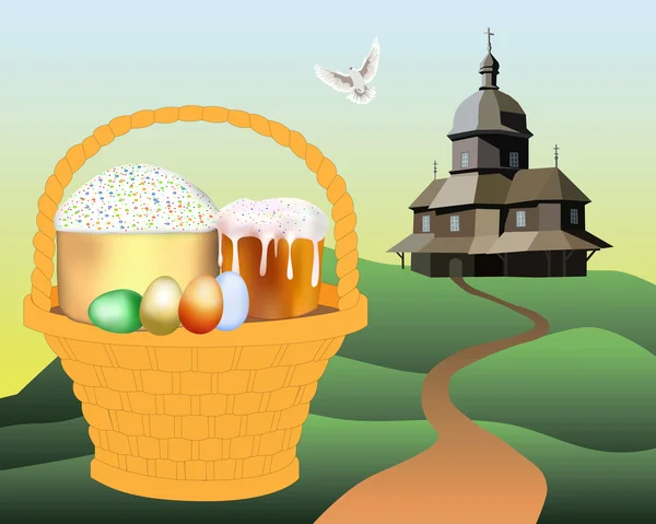 Корзина Пасхальными Тортами Цветными Яйцами Фоне Церкви — стоковый вектор