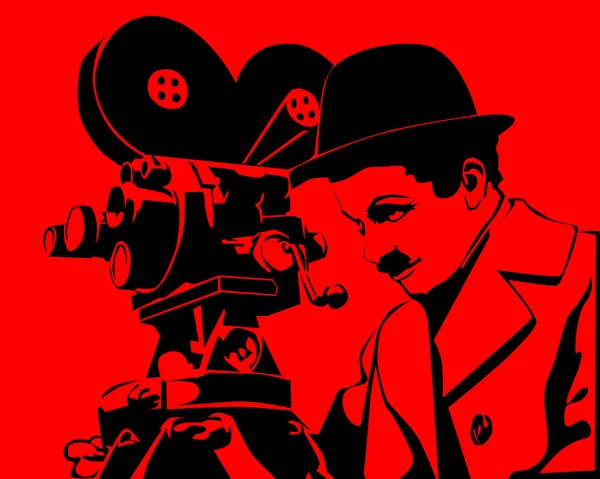 在红色的背景上绘制老电影摄影师 — 图库矢量图片