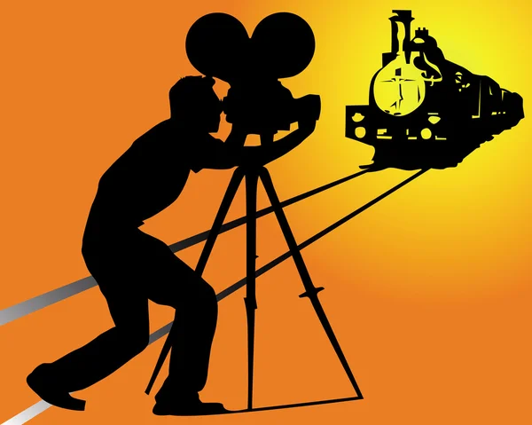 Silhouette Cameraman Che Filma Treno Sfondo Arancione — Vettoriale Stock