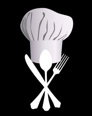 Chef's hat with a knife, spoon and fork on a black background clipart