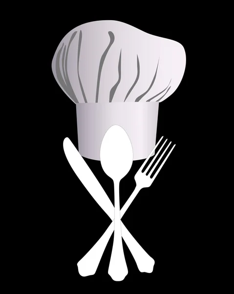 Sombrero Chef Con Cuchillo Cuchara Tenedor Sobre Fondo Negro — Stock vektor